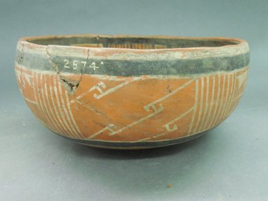 Ancient Pueblo (Anasazi). <em>Fourmile Polychrome Bowl</em>, 1350-1400C.E. Clay, slip, 4 1/2 x 8 1/2 in.  (11.4 x 21.6 cm). Brooklyn Museum, Riggs Pueblo Pottery Fund, 02.257.2574. Creative Commons-BY (Photo: Brooklyn Museum, CUR.02.257.2574_view2.jpg)
