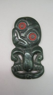 Maori. <em>Pendant (Hei-tiki)</em>. Nephrite, sealing wax, 4 1/2 x 2 3/8 x 3/16 in.  (11.5 x 6 x .5 cm). Brooklyn Museum, Brooklyn Museum Collection, 03.210. Creative Commons-BY (Photo: Brooklyn Museum, CUR.03.210.jpg)