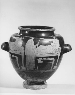 Attic. <em>Red-Figure Stamnos</em>, ca. 480 B.C.E. Clay, slip, height: 13 1/2 in. (34.3 cm). Brooklyn Museum, Gift of Robert B. Woodward (03.8) and Museum Collection Fund (63.88.1-.2), 03.8. Creative Commons-BY (Photo: Brooklyn Museum, CUR.03.8_NegJ_print_bw.jpg)