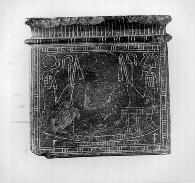  <em>Pectoral of Conventional Form with Cavetto Cornice on Obverse</em>, ca. 1292-1190 B.C.E. Steatite, 3 1/4 x 3 3/8 x 3/8 in. (8.2 x 8.5 x 0.9 cm). Brooklyn Museum, Charles Edwin Wilbour Fund, 05.372. Creative Commons-BY (Photo: Brooklyn Museum, CUR.05.372_NegA_print_bw.jpg)
