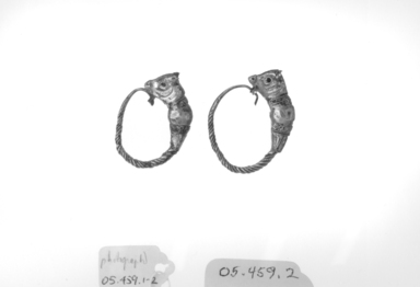 Greek. <em>Pair of Earrings</em>, late 4th–3rd century B.C.E. Gold, glass, Length: 1 5/16 in. (3.4 cm). Brooklyn Museum, Ella C. Woodward Memorial Fund, 05.459.1-.2. Creative Commons-BY (Photo: Brooklyn Museum, CUR.05.459.1-.2_NegC_print_bw.jpg)
