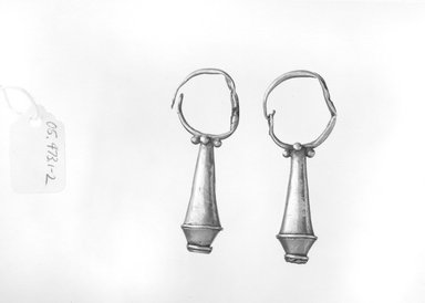  <em>Earrings</em>, 6th-7th century C.E. Gold, Length: 1 15/16 in. (5 cm). Brooklyn Museum, Ella C. Woodward Memorial Fund, 05.473.1-.2. Creative Commons-BY (Photo: Brooklyn Museum, CUR.05.473.1-.2_NegB_print_bw.jpg)