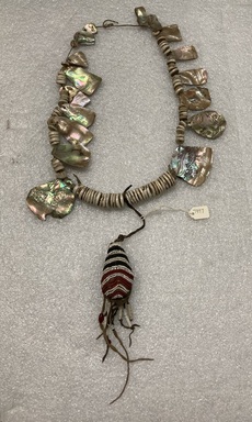 Pomo. <em>Necklace</em>, late 19th - early 20th century. Abalone shell, leather, glass beads, clam shell, 22 1/16 x 6 11/16 x 13/16in. (56 x 17 x 2cm). Brooklyn Museum, Museum Expedition 1906, Museum Collection Fund, 06.331.7997. Creative Commons-BY (Photo: Brooklyn Museum, CUR.06.331.7997_view01.jpg)