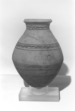  <em>Storage Jar</em>, ca. 1539–1493 B.C.E. Clay, pigment, 10 9/16 x Diam. 7 1/2 in. (26.8 x 19 cm). Brooklyn Museum, Charles Edwin Wilbour Fund, 07.447.449. Creative Commons-BY (Photo: Brooklyn Museum, CUR.07.447.449_Neg1010_3_print_bw.jpg)