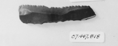  <em>Squared Sickle Blade</em>, ca. 4400–2675 B.C.E. Flint, 11/16 x 2 7/8 in. (1.8 x 7.3 cm). Brooklyn Museum, Charles Edwin Wilbour Fund, 07.447.818. Creative Commons-BY (Photo: , CUR.07.447.818_NegID_07.447.810GRPA_print_cropped_bw.jpg)