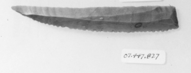  <em>Pointed Sickle Blade</em>, ca. 4400-2675 B.C.E. Gray chert, 13/16 x 4 13/16 in. (2 x 12.3 cm). Brooklyn Museum, Charles Edwin Wilbour Fund, 07.447.827. Creative Commons-BY (Photo: , CUR.07.447.827_NegID_07.447.810GRPA_print_cropped_bw.jpg)