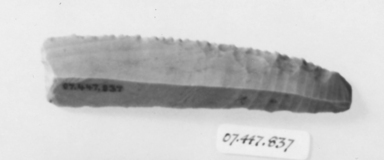  <em>Sickle Blade</em>, ca. 4400-3100 B.C.E. Chert, 1 x 4 5/16 in. (2.5 x 10.9 cm). Brooklyn Museum, Charles Edwin Wilbour Fund, 07.447.837. Creative Commons-BY (Photo: , CUR.07.447.837_NegID_07.447.810GRPA_print_cropped_bw.jpg)