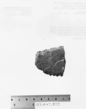  <em>Saw Fragment</em>, ca. 3800-3500 B.C.E. Dark gray chert, 1 5/8 x 1 5/8 in. (4.1 x 4.2 cm). Brooklyn Museum, Charles Edwin Wilbour Fund, 07.447.855. Creative Commons-BY (Photo: Brooklyn Museum, CUR.07.447.855_negB_print.jpg)