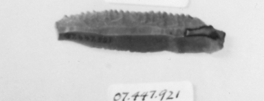 <em>Sickle Blade</em>, ca. 4400–3100 B.C.E. Flint, 2 9/16 × 5/8 in. (6.5 × 1.6 cm). Brooklyn Museum, Charles Edwin Wilbour Fund, 07.447.921. Creative Commons-BY (Photo: , CUR.07.447.921_NegID_07.447.810GRPA_print_cropped_bw.jpg)