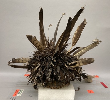 Jim Bateman (Pomo). <em>Headdress (guk-tsu) [part of "Big Head" outfit]</em>, early 20th century. Hawk, turkey, goose, and woodpecker feathers, grey willow fiber, 22 1/16 × 25 × 21 in. (56 × 63.5 × 53.3 cm). Brooklyn Museum, Museum Expedition 1907, Museum Collection Fund, 07.467.8359. Creative Commons-BY (Photo: Brooklyn Museum, CUR.07.467.8359_overall01.jpg)