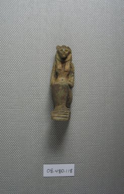  <em>Amulet of Lion-Head Goddess Crouching</em>, ca. 1075–30 B.C.E. Faience, 2 1/16 x 1 in. (5.3 x 2.5 cm). Brooklyn Museum, Charles Edwin Wilbour Fund, 08.480.118. Creative Commons-BY (Photo: Brooklyn Museum, CUR.08.480.118_View1.jpg)