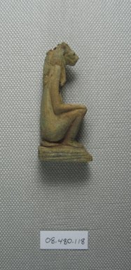  <em>Amulet of Lion-Head Goddess Crouching</em>, ca. 1075-30 B.C.E. Faience, 2 1/16 x 1 in. (5.3 x 2.5 cm). Brooklyn Museum, Charles Edwin Wilbour Fund, 08.480.118. Creative Commons-BY (Photo: Brooklyn Museum, CUR.08.480.118_View3.jpg)