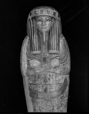  <em>Coffin and Mummy Board of Pasebakhaemipet</em>, ca. 1070-945 B.C.E. Wood, pigment, 12 5/8 x 21 5/8 x 76 3/8 in. (32 x 55 x 194 cm). Brooklyn Museum, Charles Edwin Wilbour Fund, 08.480.2a-c. Creative Commons-BY (Photo: Brooklyn Museum, CUR.08.480.2a_negJ_bw.jpg)