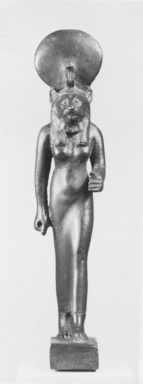  <em>Small Standing Statuette of Sakhmet</em>, 664–525 B.C.E., or later. Bronze, 4 13/16 x 5/8 x 1 9/16 in. (12.2 x 1.6 x 3.9 cm). Brooklyn Museum, Charles Edwin Wilbour Fund, 08.480.42. Creative Commons-BY (Photo: Brooklyn Museum, CUR.08.480.42_NegA_print_bw.jpg)