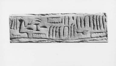  <em>Cylinder Seal</em>, ca. 3100-2675 B.C.E. or 19th century C.E. Steatite, 3/4 x 11/16 in. (1.9 x 1.8 cm). Brooklyn Museum, Charles Edwin Wilbour Fund, 09.889.116. Creative Commons-BY (Photo: Brooklyn Museum, CUR.09.889.116_Neg2A_print_bw.jpg)