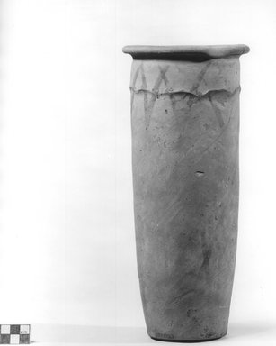  <em>Painted Cylindrical Vase with Wavy Handled Motif</em>, ca. 4400–3100 B.C.E. Terracotta, pigment, 11 13/16 x 5 1/8 in. (30 x 13 cm). Brooklyn Museum, Charles Edwin Wilbour Fund, 09.889.691. Creative Commons-BY (Photo: Brooklyn Museum, CUR.09.889.691_NegA_print_bw.jpg)