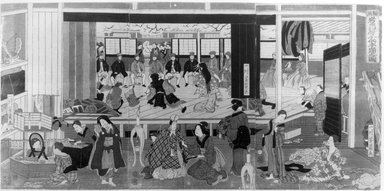 Utagawa Yoshikazu (Japanese, active c. 1850–1870). <em>Tea Home, Yokohama</em>, 1861. Color print, 14 1/4 x 29 in. (36.2 x 73.7 cm). Brooklyn Museum, Museum Collection Fund, 10.233.22164 (Photo: Brooklyn Museum, CUR.10.233.22164_print_bw.jpg)