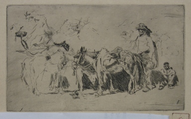 Robert Frederick Blum (American, 1857-1903). <em>Men and Donkeys, Rome, 1880</em>, 1880. Etching on cream-colored wove paper, sheet: 9 1/2 x 12 11/16 in. (24.1 x 32.2 cm). Brooklyn Museum, Gift of the Cincinnati Museum Association, 11.577 (Photo: Brooklyn Museum, CUR.11.577.jpg)