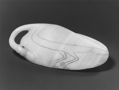 <em>Dish in the Form of a Trussed Duck</em>, ca. 1336-1327 B.C.E., ca. 1327-1323 B.C.E., or ca. 1323-1295 B.C.E. Egyptian alabaster (calcite) or aragonite, 2 7/8 x 5/8 x 5 3/4 in. (7.3 x 1.6 x 14.6 cm). Brooklyn Museum, Museum Collection Fund, 11.665. Creative Commons-BY (Photo: Brooklyn Museum, CUR.11.665_NegA_print_bw.jpg)