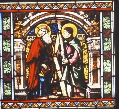 Workshop or style of Jacob Kistenfiger. <em>Window Panel depicting St. Andrew and St. Jude</em>, ca. 1510. Stained glass, lead, 33 7/8 x 36 1/2 in. (86 x 92.7 cm). Brooklyn Museum, Gift of George D. Pratt, 14.741.2. Creative Commons-BY (Photo: Brooklyn Museum, CUR.14.741.2.jpg)