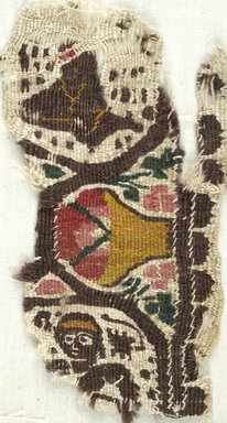 Coptic. <em>Fragment with Figural and Potted Botanical Decoration</em>, 5th century C.E. Flax, wool, 5 x 8 in. (12.7 x 20.3 cm). Brooklyn Museum, Gift of the Egypt Exploration Fund, 15.446. Creative Commons-BY (Photo: Brooklyn Museum (in collaboration with Index of Christian Art, Princeton University), CUR.15.446_ICA.jpg)