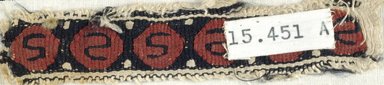 Coptic. <em>Band Fragment with S-Motif Decoration</em>, 5th-6th century C.E. Flax, wool, 1 x 6 in. (2.5 x 15.2 cm). Brooklyn Museum, Gift of the Egypt Exploration Fund, 15.451a. Creative Commons-BY (Photo: Brooklyn Museum (in collaboration with Index of Christian Art, Princeton University), CUR.15.451A_ICA.jpg)