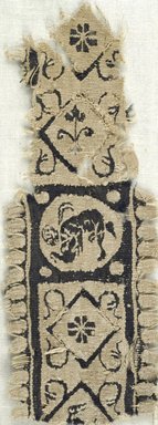 Coptic. <em>Band Fragment with Figural, Animal, and Botanical Decoration</em>, 5th century C.E. Flax, wool, 2 x 6 in. (5.1 x 15.2 cm). Brooklyn Museum, Gift of the Egypt Exploration Fund, 15.463. Creative Commons-BY (Photo: Brooklyn Museum (in collaboration with Index of Christian Art, Princeton University), CUR.15.463_ICA.jpg)