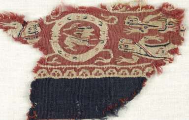 Coptic. <em>Band Fragment with Figural and Animal Decorations</em>, 5th-6th century C.E. Wool, 3 9/16 x 5 7/8 in. (9 x 15 cm). Brooklyn Museum, Gift of the Egypt Exploration Fund, 15.465. Creative Commons-BY (Photo: Brooklyn Museum (in collaboration with Index of Christian Art, Princeton University), CUR.15.465_ICA.jpg)