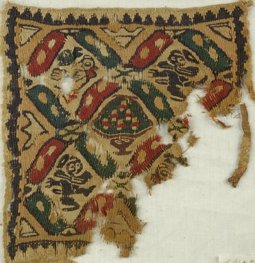 Coptic. <em>2 Square Fragments with Figural, Animal, and Potted Botanical Ornaments</em>, 5th-6th century C.E. Flax, wool, 15.469a: 9 1/4 x 9 1/4 in. (23.5 x 23.5 cm). Brooklyn Museum, Gift of the Egypt Exploration Fund, 15.469a-b. Creative Commons-BY (Photo: Brooklyn Museum (in collaboration with Index of Christian Art, Princeton University), CUR.15.469B_ICA.jpg)