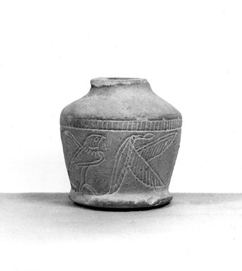 <em>Kohl Jar with Incised Figures</em>, ca. 1630-1539 B.C.E. Limestone, 2 3/8 x diam. at base 1 15/16 in. (6 x 4.9 cm). Brooklyn Museum, Gift of Evangeline Wilbour Blashfield, Theodora Wilbour, and Victor Wilbour honoring the wishes of their mother, Charlotte Beebe Wilbour, as a memorial to their father, Charles Edwin Wilbour, 16.122. Creative Commons-BY (Photo: Brooklyn Museum, CUR.16.122_NegA_print_bw.jpg)