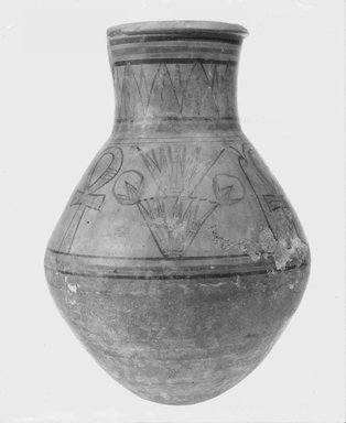  <em>Jar with Was-Scepters and Ankhs</em>, ca. 1426-1390 B.C.E. Clay, paint, 17 5/16 x 13 in. (44 x 33 cm). Brooklyn Museum, Gift of Evangeline Wilbour Blashfield, Theodora Wilbour, and Victor Wilbour honoring the wishes of their mother, Charlotte Beebe Wilbour, as a memorial to their father, Charles Edwin Wilbour, 16.140. Creative Commons-BY (Photo: Brooklyn Museum, CUR.16.140_NegB_print_bw.jpg)