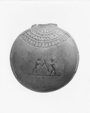  <em>Miniature Pilgrim Flask</em>, 656-332 B.C.E. Faience, 1 3/4 x 1 3/4 in. (4.4 x 4.5 cm). Brooklyn Museum, Gift of Evangeline Wilbour Blashfield, Theodora Wilbour, and Victor Wilbour honoring the wishes of their mother, Charlotte Beebe Wilbour, as a memorial to their father, Charles Edwin Wilbour, 16.144. Creative Commons-BY (Photo: Brooklyn Museum, CUR.16.144_NegA_print_bw.jpg)