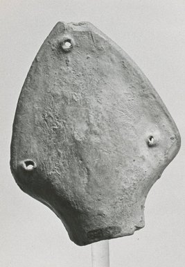 Coptic. <em>Head of Female Figurine</em>, 6th-7th century C.E. Terracotta, pigment, 2 5/16 x 1 7/8 x 15/16 in. (5.9 x 4.7 x 2.4 cm). Brooklyn Museum, Gift of Evangeline Wilbour Blashfield, Theodora Wilbour, and Victor Wilbour honoring the wishes of their mother, Charlotte Beebe Wilbour, as a memorial to their father, Charles Edwin Wilbour, 16.162. Creative Commons-BY (Photo: Brooklyn Museum, CUR.16.162_NegD_print_bw.jpg)