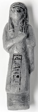  <em>Funerary Figurine of Neskhons</em>, ca. 1075-945 B.C.E. Faience, 6 3/8 × 1 15/16 in. (16.2 × 5 cm). Brooklyn Museum, Gift of Evangeline Wilbour Blashfield, Theodora Wilbour, and Victor Wilbour honoring the wishes of their mother, Charlotte Beebe Wilbour, as a memorial to their father, Charles Edwin Wilbour, 16.182. Creative Commons-BY (Photo: Brooklyn Museum, CUR.16.182_NegA_print_bw.jpg)