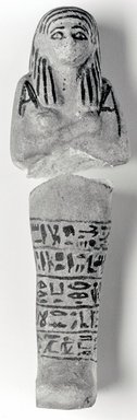  <em>Funerary Figurine of Neskhons</em>, ca. 1075–945 B.C.E. Faience, 6 13/16 × 2 1/4 in. (17.3 × 5.7 cm). Brooklyn Museum, Gift of Evangeline Wilbour Blashfield, Theodora Wilbour, and Victor Wilbour honoring the wishes of their mother, Charlotte Beebe Wilbour, as a memorial to their father, Charles Edwin Wilbour, 16.184. Creative Commons-BY (Photo: Brooklyn Museum, CUR.16.184_NegA_print_bw.jpg)