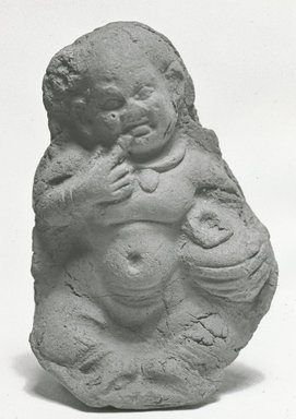  <em>Statuette</em>, 3rd century C.E. Terracotta, 2 1/16 x 1 3/8 x 9/16 in. (5.2 x 3.6 x 1.5 cm). Brooklyn Museum, Gift of Evangeline Wilbour Blashfield, Theodora Wilbour, and Victor Wilbour honoring the wishes of their mother, Charlotte Beebe Wilbour, as a memorial to their father, Charles Edwin Wilbour, 16.275. Creative Commons-BY (Photo: Brooklyn Museum, CUR.16.275_NegA_print_bw.jpg)