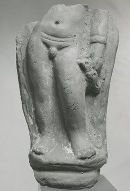  <em>Fragment of a Statue of the Child Horus</em>, 2nd–3rd century C.E. Terracotta, pigment, 5 3/8 x 3 3/16 x 1 7/16 in. (13.7 x 8.1 x 3.7 cm). Brooklyn Museum, Gift of Evangeline Wilbour Blashfield, Theodora Wilbour, and Victor Wilbour honoring the wishes of their mother, Charlotte Beebe Wilbour, as a memorial to their father, Charles Edwin Wilbour, 16.277. Creative Commons-BY (Photo: Brooklyn Museum, CUR.16.277_NegA_print_bw.jpg)