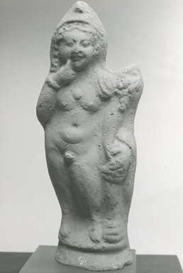  <em>Statuette of the Child Horus</em>, 2nd-3rd century C.E. Terracotta, 6 1/16 x 2 7/16 x 15/16 in. (15.4 x 6.2 x 2.4 cm). Brooklyn Museum, Gift of Evangeline Wilbour Blashfield, Theodora Wilbour, and Victor Wilbour honoring the wishes of their mother, Charlotte Beebe Wilbour, as a memorial to their father, Charles Edwin Wilbour, 16.280. Creative Commons-BY (Photo: Brooklyn Museum, CUR.16.280_NegA_print_bw.jpg)