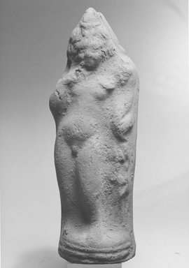  <em>Statuette of the Child Horus</em>, 2nd–3rd century C.E. Terracotta, pigment, 7 3/16 x 2 7/16 x 1 1/4 in. (18.2 x 6.3 x 3.2 cm). Brooklyn Museum, Gift of Evangeline Wilbour Blashfield, Theodora Wilbour, and Victor Wilbour honoring the wishes of their mother, Charlotte Beebe Wilbour, as a memorial to their father, Charles Edwin Wilbour, 16.290. Creative Commons-BY (Photo: Brooklyn Museum, CUR.16.290_NegA_print_bw.jpg)