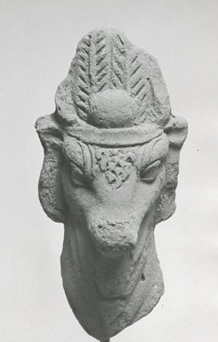 <em>Head of a Bull</em>, 2nd-3rd century C.E. Terracotta, 4 3/8 x 2 1/16 in. (11.1 x 5.3 cm). Brooklyn Museum, Gift of Evangeline Wilbour Blashfield, Theodora Wilbour, and Victor Wilbour honoring the wishes of their mother, Charlotte Beebe Wilbour, as a memorial to their father, Charles Edwin Wilbour, 16.305. Creative Commons-BY (Photo: Brooklyn Museum, CUR.16.305_NegA_print_bw.jpg)