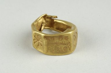 Coptic. <em>Finger Ring with Inscription</em>, 5th–6th century C.E. Gold, Diam. 5/8 in. (1.6 cm). Brooklyn Museum, Gift of Evangeline Wilbour Blashfield, Theodora Wilbour, and Victor Wilbour honoring the wishes of their mother, Charlotte Beebe Wilbour, as a memorial to their father, Charles Edwin Wilbour, 16.320. Creative Commons-BY (Photo: Brooklyn Museum (in collaboration with Index of Christian Art, Princeton University), CUR.16.320_view1_ICA.jpg)