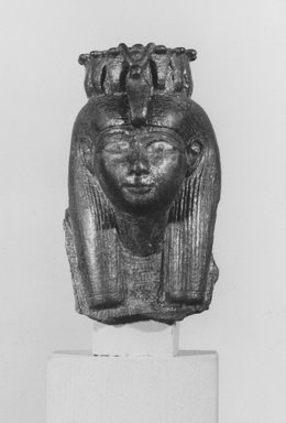  <em>Head of Isis</em>. Bronze, 2 1/4 x 1 5/16 in. (5.7 x 3.3 cm). Brooklyn Museum, Gift of Evangeline Wilbour Blashfield, Theodora Wilbour, and Victor Wilbour honoring the wishes of their mother, Charlotte Beebe Wilbour, as a memorial to their father, Charles Edwin Wilbour, 16.378. Creative Commons-BY (Photo: Brooklyn Museum, CUR.16.378_NegA_print_bw.jpg)
