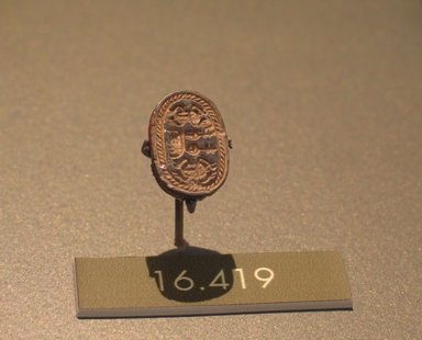  <em>Motto Scarab</em>, ca. 1630-1539 B.C.E. Steatite, glaze, 3/8 x 9/16 x 7/8 in. (0.9 x 1.4 x 2.2 cm). Brooklyn Museum, Gift of Evangeline Wilbour Blashfield, Theodora Wilbour, and Victor Wilbour honoring the wishes of their mother, Charlotte Beebe Wilbour, as a memorial to their father, Charles Edwin Wilbour, 16.419. Creative Commons-BY (Photo: Brooklyn Museum, CUR.16.419_erg2.jpg)