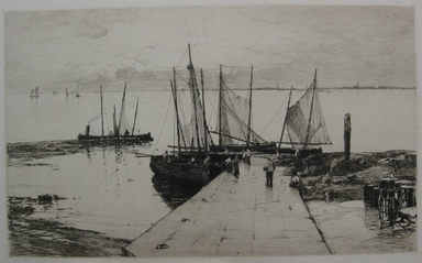 Charles Adams Platt (American, 1861–1933). <em>Pier at Larmor</em>, 1885. Etching on heavy machine-made Japan paper, Sheet: 17 3/8 x 22 1/2 in. (44.1 x 57.2 cm). Brooklyn Museum, Gift of Kennedy & Company, 16.444 (Photo: Brooklyn Museum, CUR.16.444.jpg)