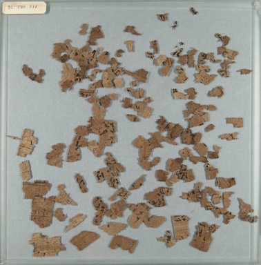  <em>Papyrus Fragments Inscribed in Hieratic</em>, ca. 1938-1630 B.C.E. Papyrus, ink, a: Glass: 12 x 12 1/16 in. (30.5 x 30.7 cm). Brooklyn Museum, Gift of Evangeline Wilbour Blashfield, Theodora Wilbour, and Victor Wilbour honoring the wishes of their mother, Charlotte Beebe Wilbour, as a memorial to their father, Charles Edwin Wilbour, 16.580.221a-b (Photo: Brooklyn Museum, CUR.16.580.221_front_IMLS_PS5.jpg)
