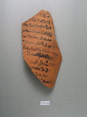 Demotic. <em>Demotic Ostracon</em>. Terracotta, pigment, 4 3/16 x 1/4 x 6 13/16 in. (10.6 x 0.7 x 17.3 cm). Brooklyn Museum, Gift of Evangeline Wilbour Blashfield, Theodora Wilbour, and Victor Wilbour honoring the wishes of their mother, Charlotte Beebe Wilbour, as a memorial to their father, Charles Edwin Wilbour, 16.580.556. Creative Commons-BY (Photo: Brooklyn Museum, CUR.16.580.556_view1.jpg)