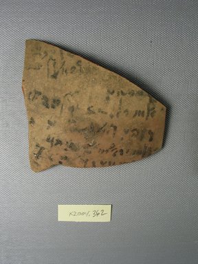 Demotic. <em>Demotic Ostracon</em>. Terracotta, pigment, 3 13/16 x 3/16 x 3 1/2 in. (9.7 x 0.4 x 8.9 cm). Brooklyn Museum, Gift of Evangeline Wilbour Blashfield, Theodora Wilbour, and Victor Wilbour honoring the wishes of their mother, Charlotte Beebe Wilbour, as a memorial to their father, Charles Edwin Wilbour, 16.580.573. Creative Commons-BY (Photo: Brooklyn Museum, CUR.16.580.573_view1.jpg)