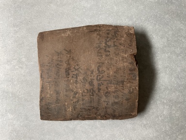 Demotic. <em>Demotic Ostracon</em>, Year 4 (?) of Nero. Terracotta, pigment, 3 7/8 x 1/4 x 3 7/8 in. (9.8 x 0.7 x 9.8 cm). Brooklyn Museum, Gift of Evangeline Wilbour Blashfield, Theodora Wilbour, and Victor Wilbour honoring the wishes of their mother, Charlotte Beebe Wilbour, as a memorial to their father, Charles Edwin Wilbour, 16.580.579. Creative Commons-BY (Photo: Brooklyn Museum, CUR.16.580.579_front03.JPG)