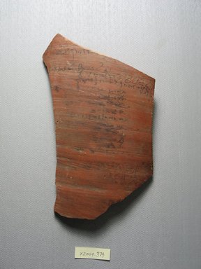 Demotic. <em>Demotic Ostracon</em>. Terracotta, pigment, 5 1/4 x 5/16 x 7 3/4 in. (13.3 x 0.8 x 19.7 cm). Brooklyn Museum, Gift of Evangeline Wilbour Blashfield, Theodora Wilbour, and Victor Wilbour honoring the wishes of their mother, Charlotte Beebe Wilbour, as a memorial to their father, Charles Edwin Wilbour, 16.580.585. Creative Commons-BY (Photo: Brooklyn Museum, CUR.16.580.585_view1.jpg)