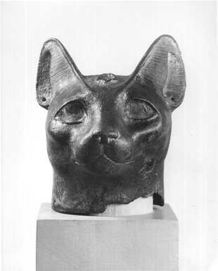  <em>Head of a Cat</em>. Bronze, 3 3/4 x 3 5/16 x 2 1/2 in. (9.5 x 8.4 x 6.3 cm). Brooklyn Museum, Gift of Evangeline Wilbour Blashfield, Theodora Wilbour, and Victor Wilbour honoring the wishes of their mother, Charlotte Beebe Wilbour, as a memorial to their father, Charles Edwin Wilbour, 16.85. Creative Commons-BY (Photo: Brooklyn Museum, CUR.16.85_NegA_print_bw.jpg)